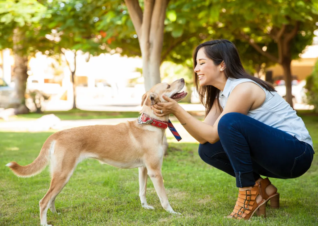 Smiling woman crouching in a park, holding her dog's face as they gaze into each other's eyes.