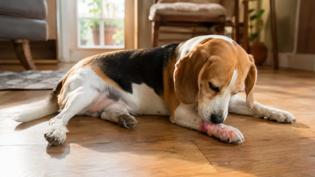 A beagle lying on the floor calmly licking its front paw.