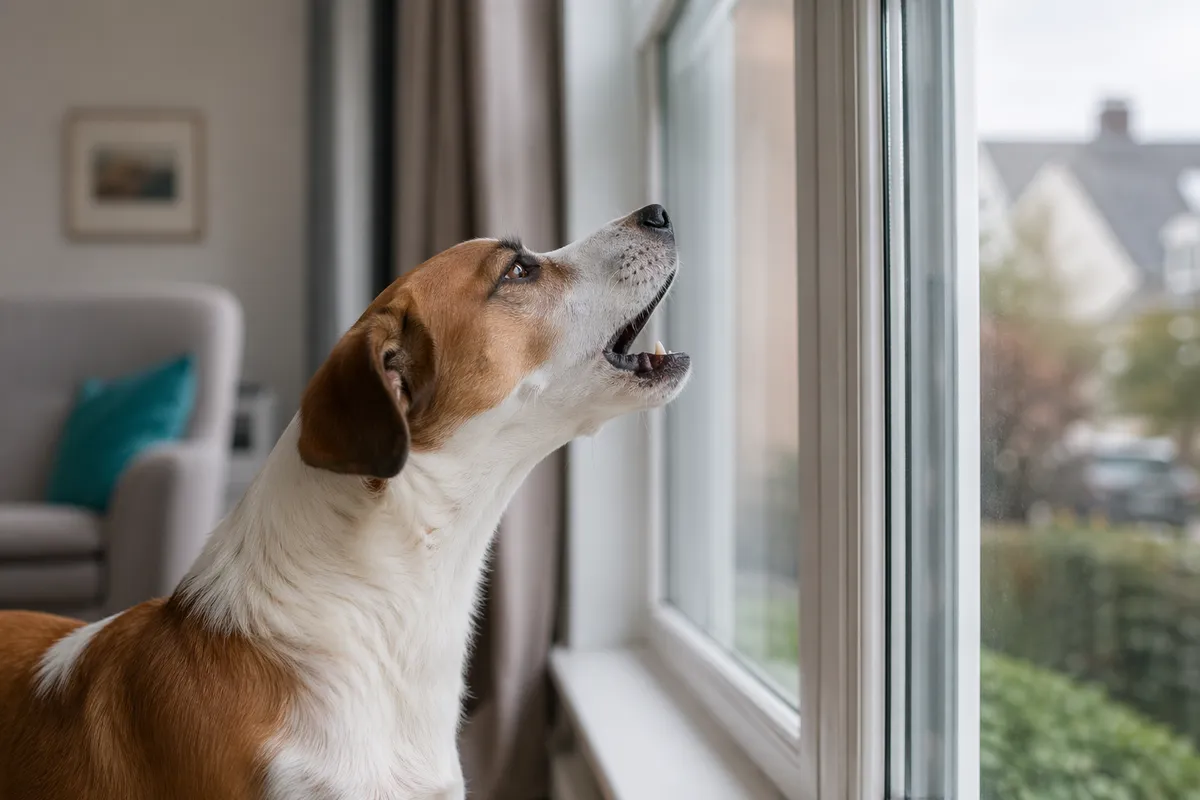 A small terrier at a living-room window, head up and mouth open, howling at a sound outside.