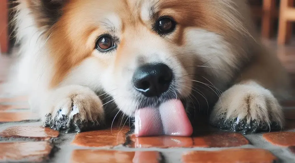 A dog licking the floor and looking a little unwell.