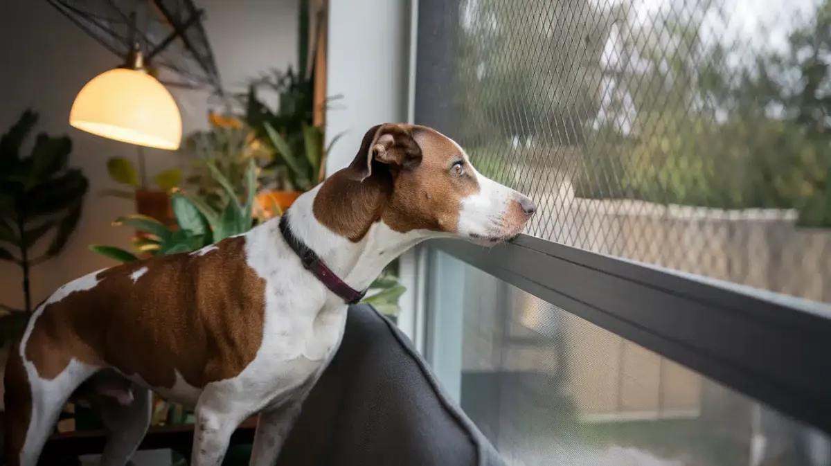 A dog standing alone on a couch and looking out of a window after being left at home.