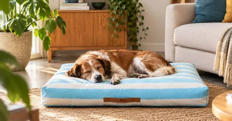 A content dog lying in its own comfortable dog bed next to a couch.