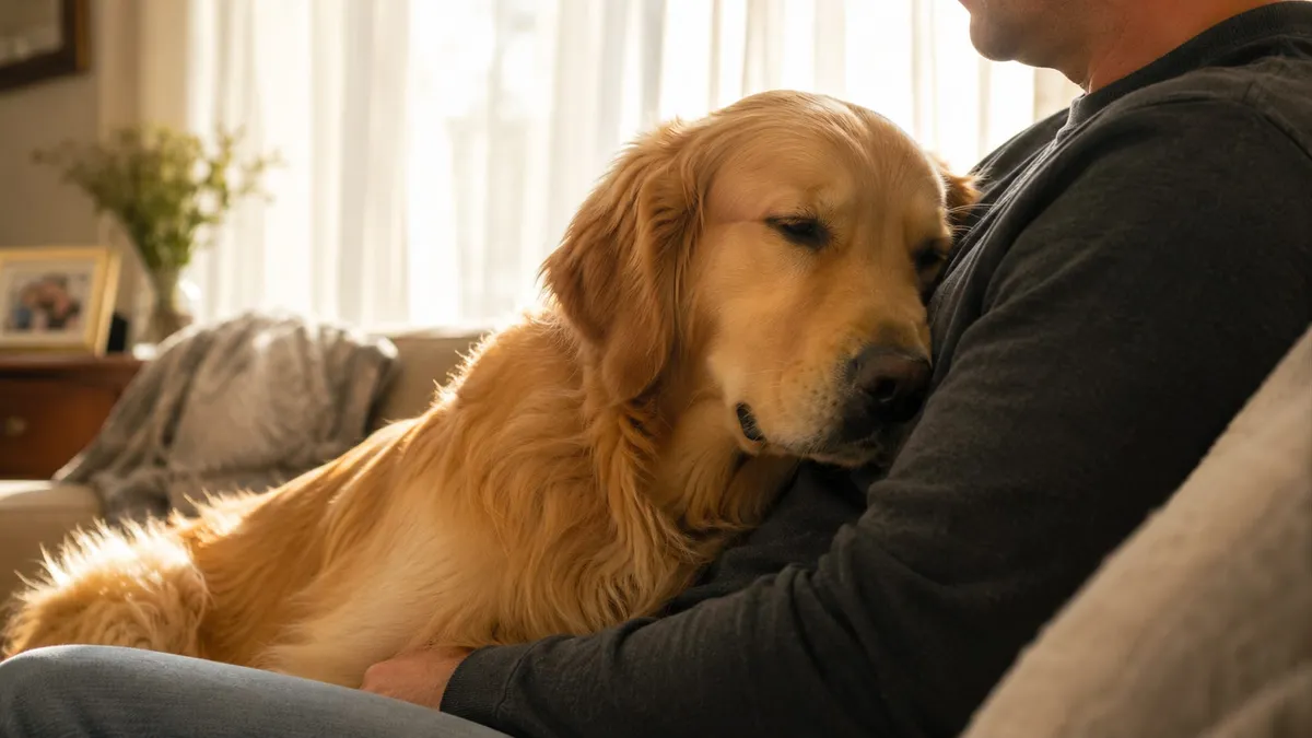A dog leaning and resting quietly against its sitting owner.