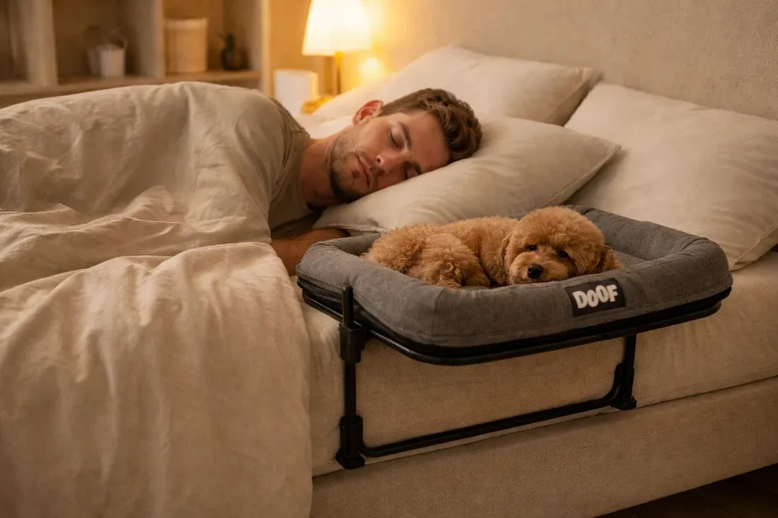 A small dog sleeping in its own raised bed beside its owner asleep in bed.
