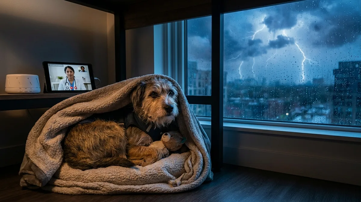 Anxious dog trembling under a blanket during a thunderstorm, a common emotional cause of shaking