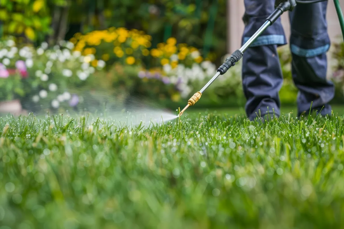 Person spraying pesticide on a lawn, a key risk for dogs that eat treated grass