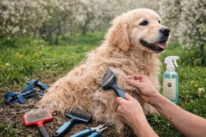 An owner brushing and checking their dog's coat outdoors on the grass.