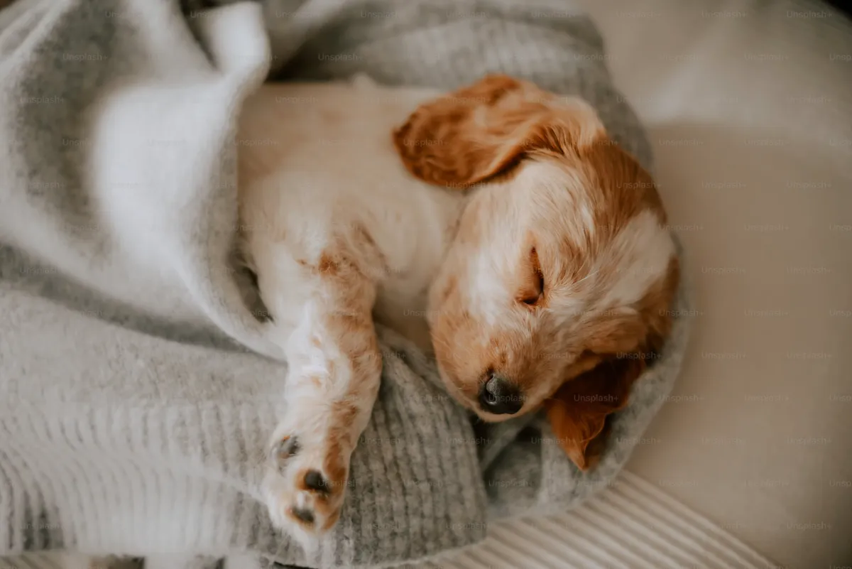 A puppy curled up asleep on a soft, cozy blanket.
