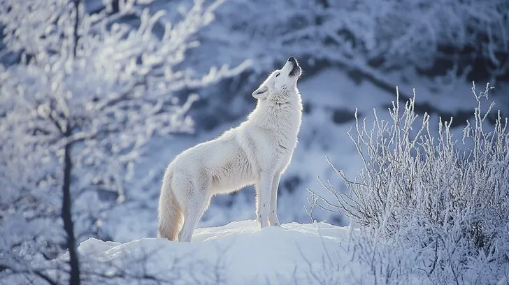 A white wolf standing on a snowy mound in winter with its head raised in a long howl.