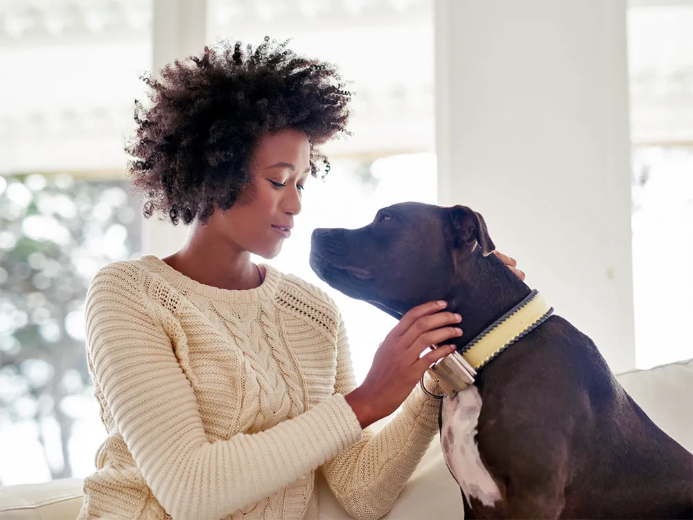 A woman sitting with her dog on a couch, holding it gently as they look at each other.